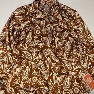 Latino Heritage Month Brown Floral Blouse size L satin woven shirt button up